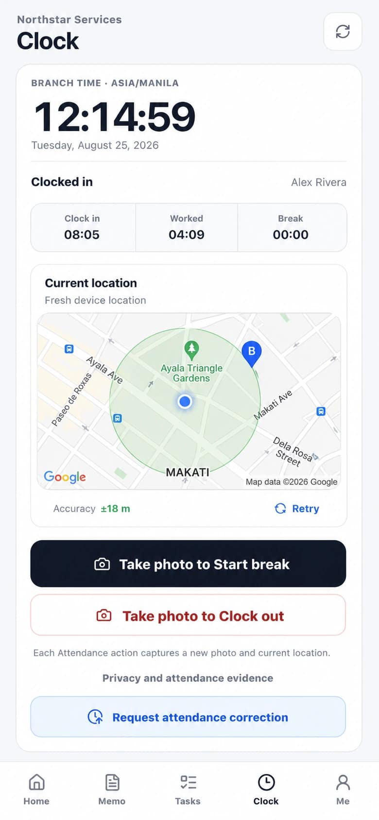 BossDesk App Clock screen showing the Current location Google Maps card with safe Makati sample data