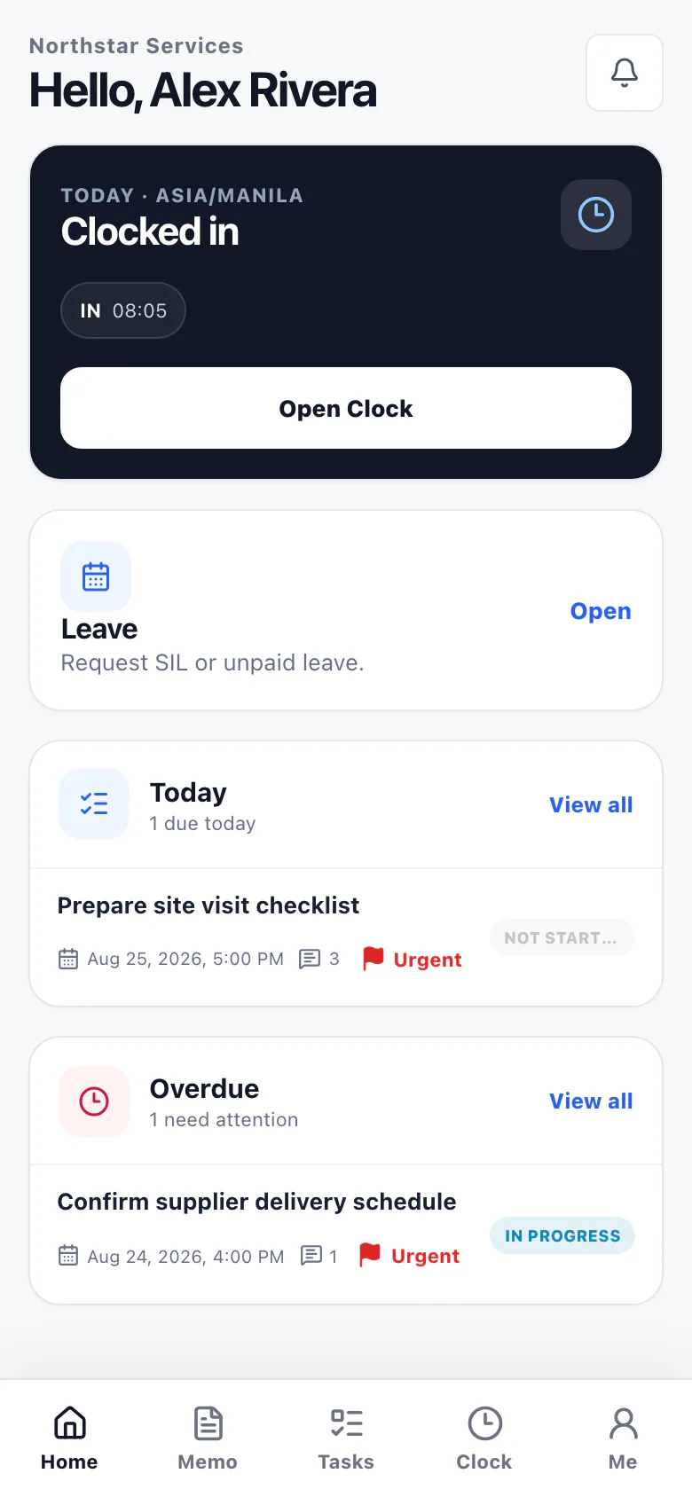 BossDesk App Home screen showing today's attendance summary, leave access, and safe sample tasks