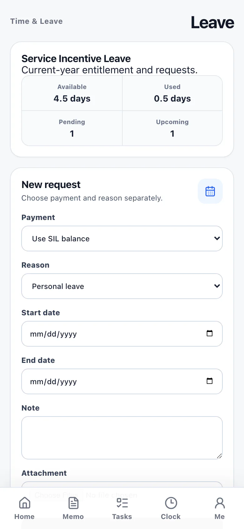 BossDesk App Leave screen showing safe sample balance, request fields, and leave history