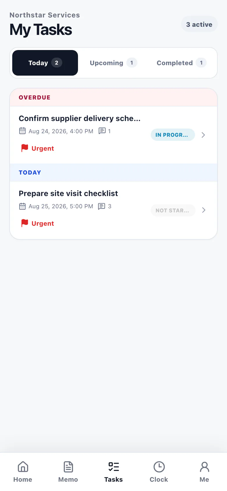 BossDesk App My Tasks screen showing Today, Upcoming, and Completed sections with safe sample tasks